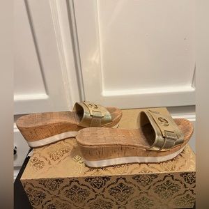 Michael Kors Woman's Gold Metallic Cork Wedge Slides Shoes Sz 5M